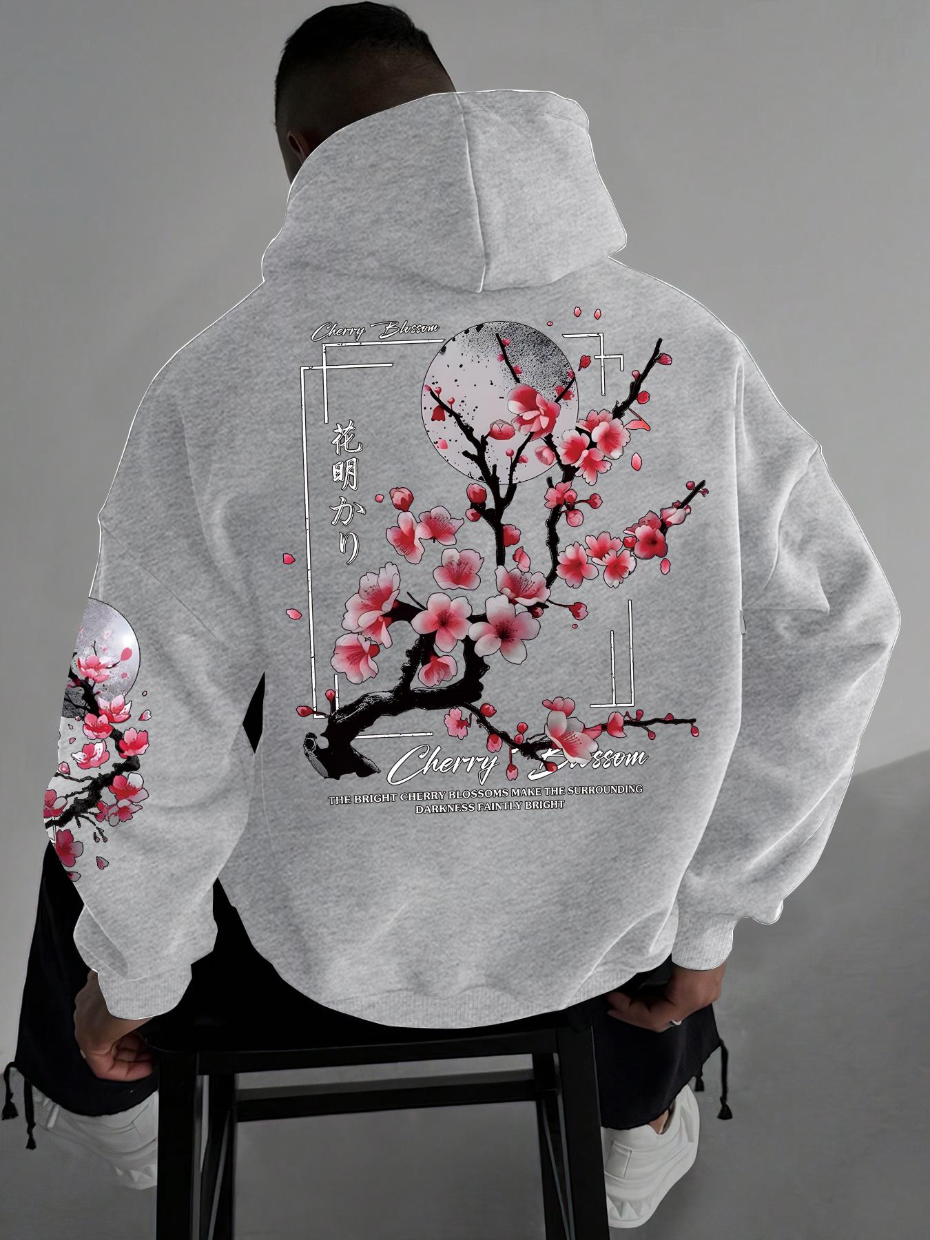 Men's Floral Print Drop Shoulder Thermal Lined Hoodie, Floral Hoodies, Fashion Casual Regular Fit Drawstring Pocket Hooded Sweatshirt, Casual Streetwear Sweatshirt for Daily Holiday Outdoor Wear, Men Clothes for Fall & Winter