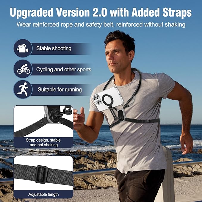Dedicated neck-mounted phone mount for recording; magnetic neck/chest mount; hands-free phone mount with shock-absorbing chest strap; hands-free first-person view neck mount compatible with iPhone 15/14/13/12 series and all Android phones