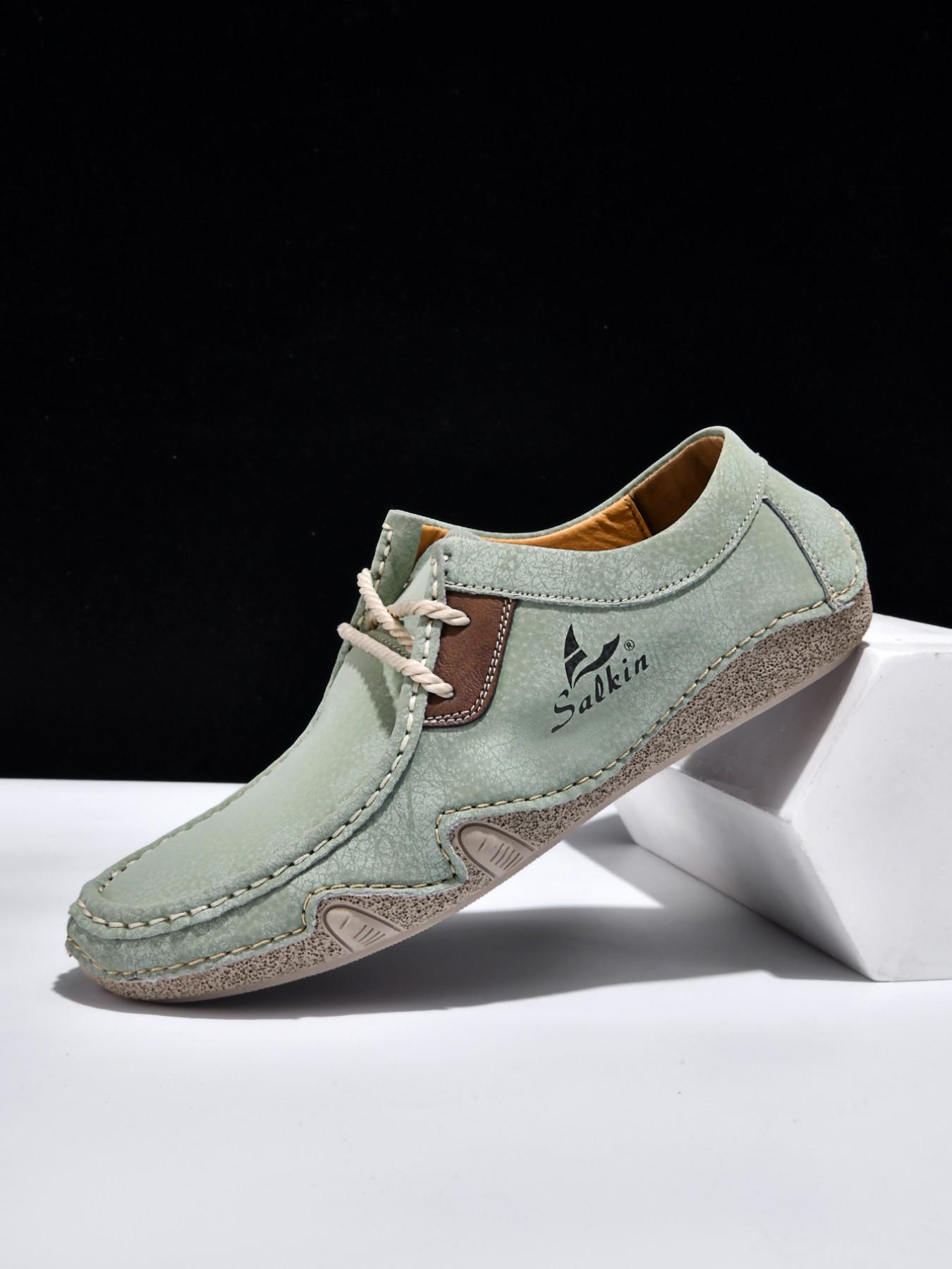 Men's Large Size Hand-Stitched Casual Shoes, Fashion Loafers, Low Top, Vintage Laces, Comfortable Rubber Sole, Outdoor & Office Wear