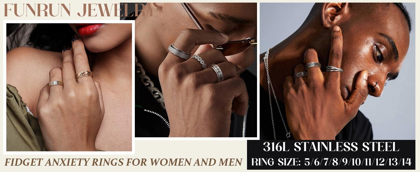 Stainless Steel Fidget Anxiety Ring for Women Men Fidget Spinner Rings Moon Star Celtic Stress Relieving Spinning Ring Wedding Band Rings Set,4-6Pcs