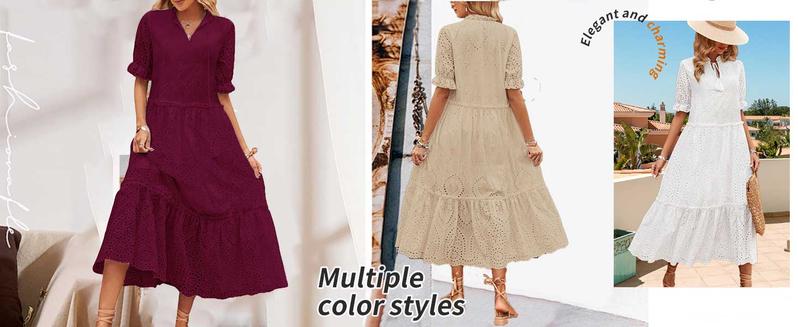 Chouyatou Women's Summer Boho Embroidery Eyelet Dress V-Neck Collared Tiered Midi Tunic Dress
