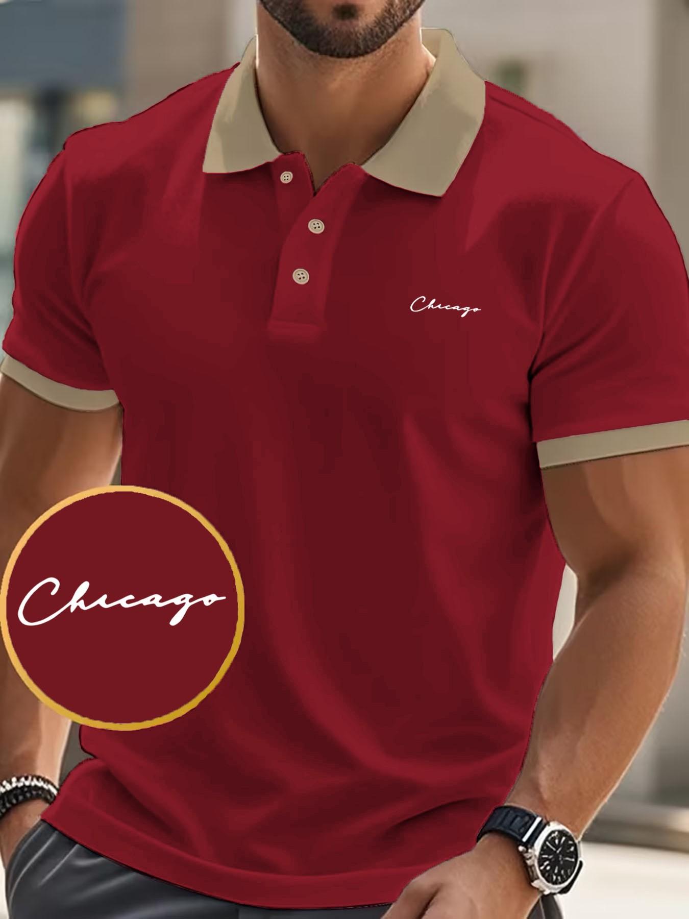 Men's Chicago Handwritten Print Polo Shirt, Slim-Fitting American Style Top, Short Sleeve Casual Wear for Spring & Fall