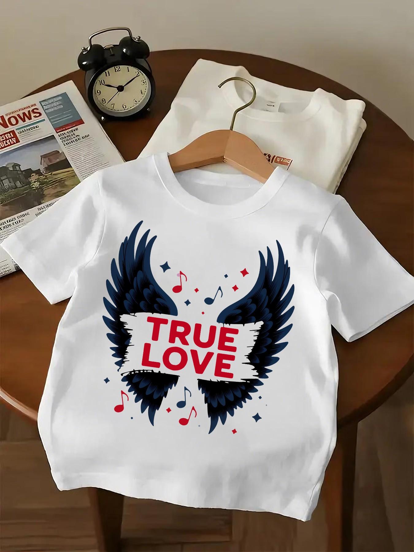 Teen Rock Style True Love Short Sleeve Tee, Deep Blue Wings True Love Print, Unisex Casual Slim Fit Round Neck T-Shirt