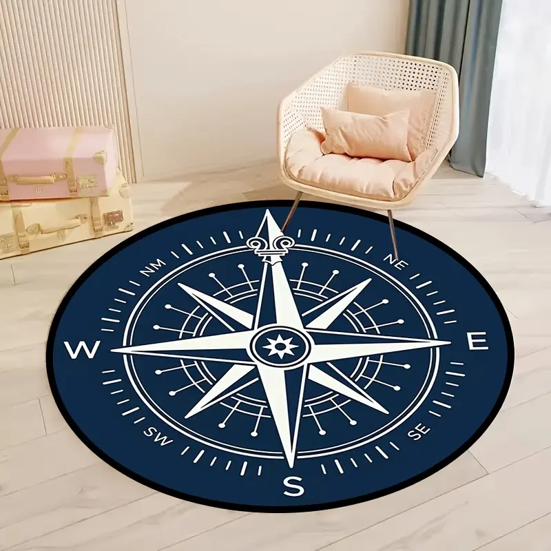 1pc Flannel Classic Compass Style Design Print, Round Plush Rug, Christmas Gift, for Living Room, Lounge Floor Mat, Bedroom Bedside Rug, Creative Floor Mat, Home Decor, Minimalist, Indoor Carpet, Living Room, Bedroom, Dining Table, Entryway Home