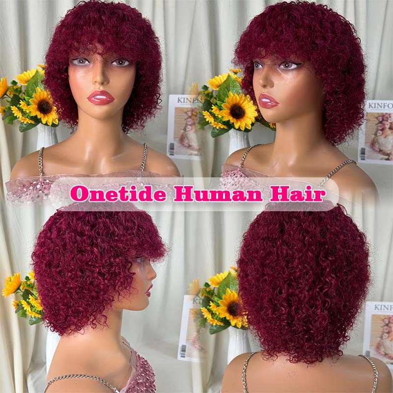 Glueless Wigs Short Curly Bob Wig with Bangs Wear To Go Short Curly Human Hair Wig for Women 180 Density Brazilian Virgin Human Hair Glueless No Lace Machine Made Wigs