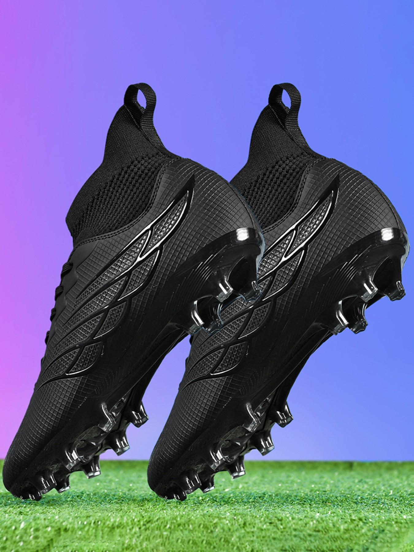 Lace up High Top Football Shoes, Anti-slip Spike Soccer Shoes, Matching Black Football Cleats, Solid Color Outdoor Sports Training Shoes, Men Shoes
