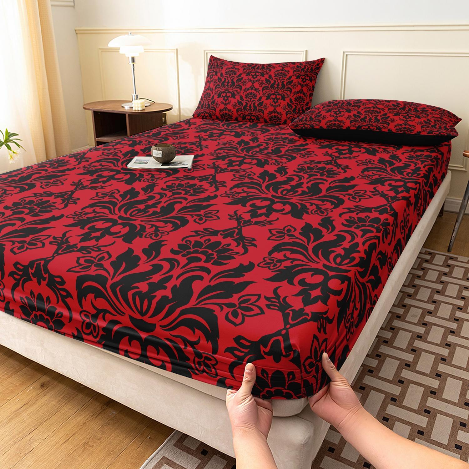 3pcs Fitted Sheet Set (1 Fitted Sheet + 2 Pillowcases, Pillow Core Not Included), Home Dormitory High-Definition Printed Black Pattern Fitted Sheet