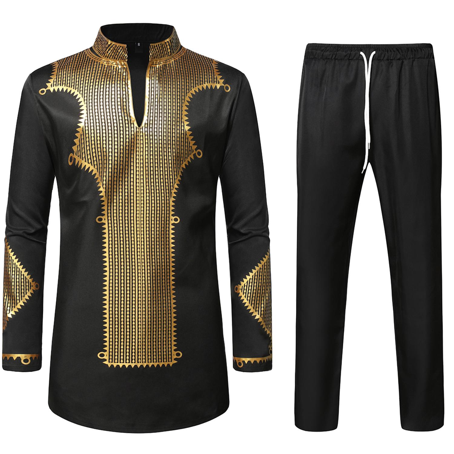 ZEROYAA Men's Africa Suit Long Sleeve Bronzing Print Shirt and Pants Outfit Traditional 2 Piece Set Clothes Cotton sets for men clothing men's 2 piece set Menswear Classic summer outfits men