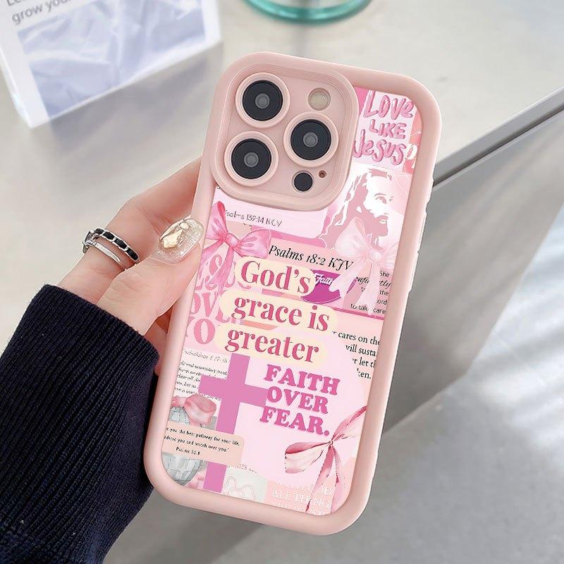 Protect Your Phone Soft Pink Phone Case with The Cross Of Jesus Pattern UV Printing for iPhone 17 Air 16 15 16e 14 13 12 11 Pro Max Plus X XS Lightweight and