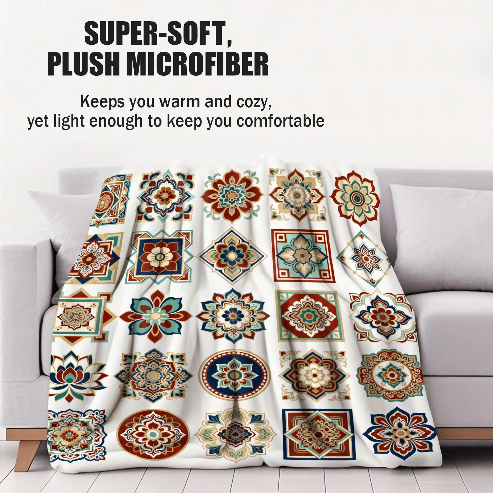 1 Pack Boho Mandala Single-Sided Printed Flannel Blanket, HD Digital Printed Vintage Floral Soft Cozy Blanket, Warm Multi-Use Throw for Sofa, Bedding and Travel, All-Season Ideal Gift Blanket