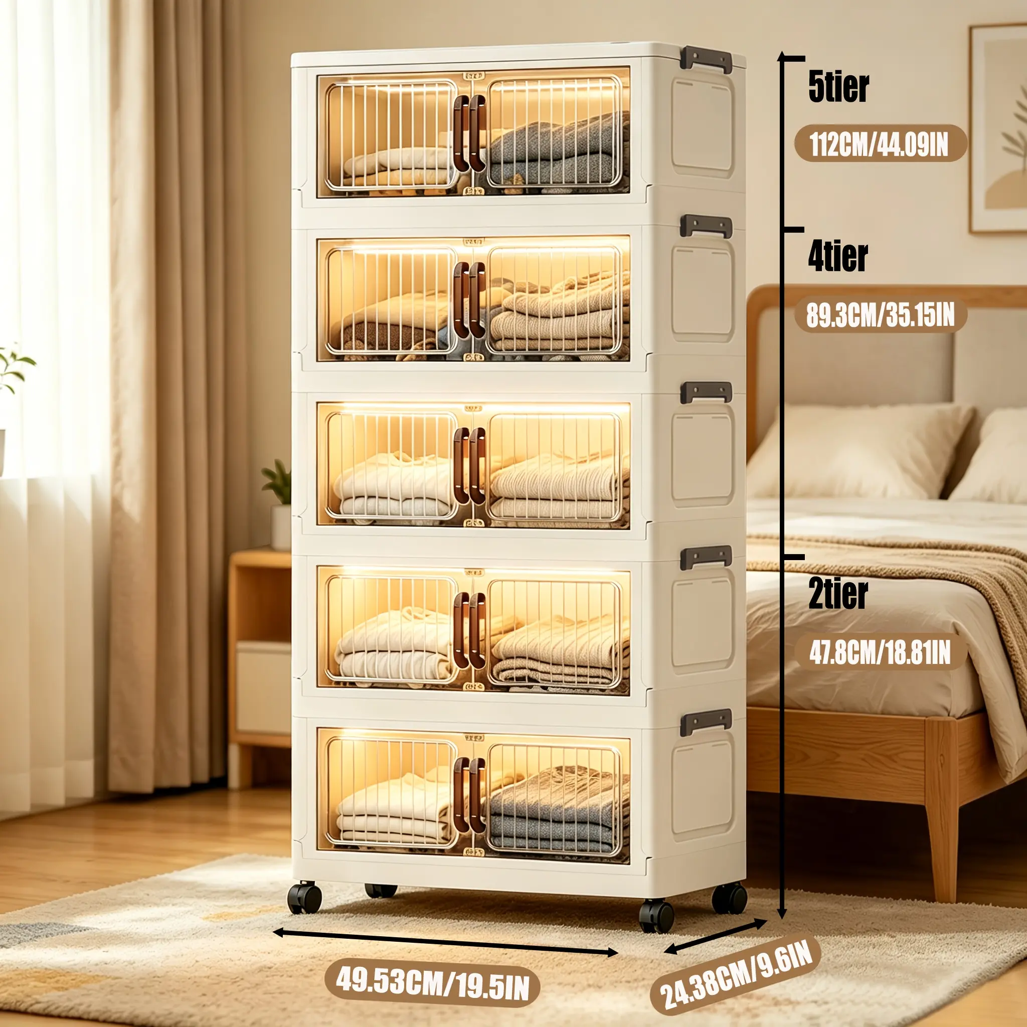 [Extra Large] Space-saving storage cabinet, stackable storage boxes, 2/4/5-tier wheeled folding storage cabinet with lid, storage cabinet with lid, suitable for entryways, hallways, bedrooms, wardrobes, offices, and for multi-purpose storage of books, clo