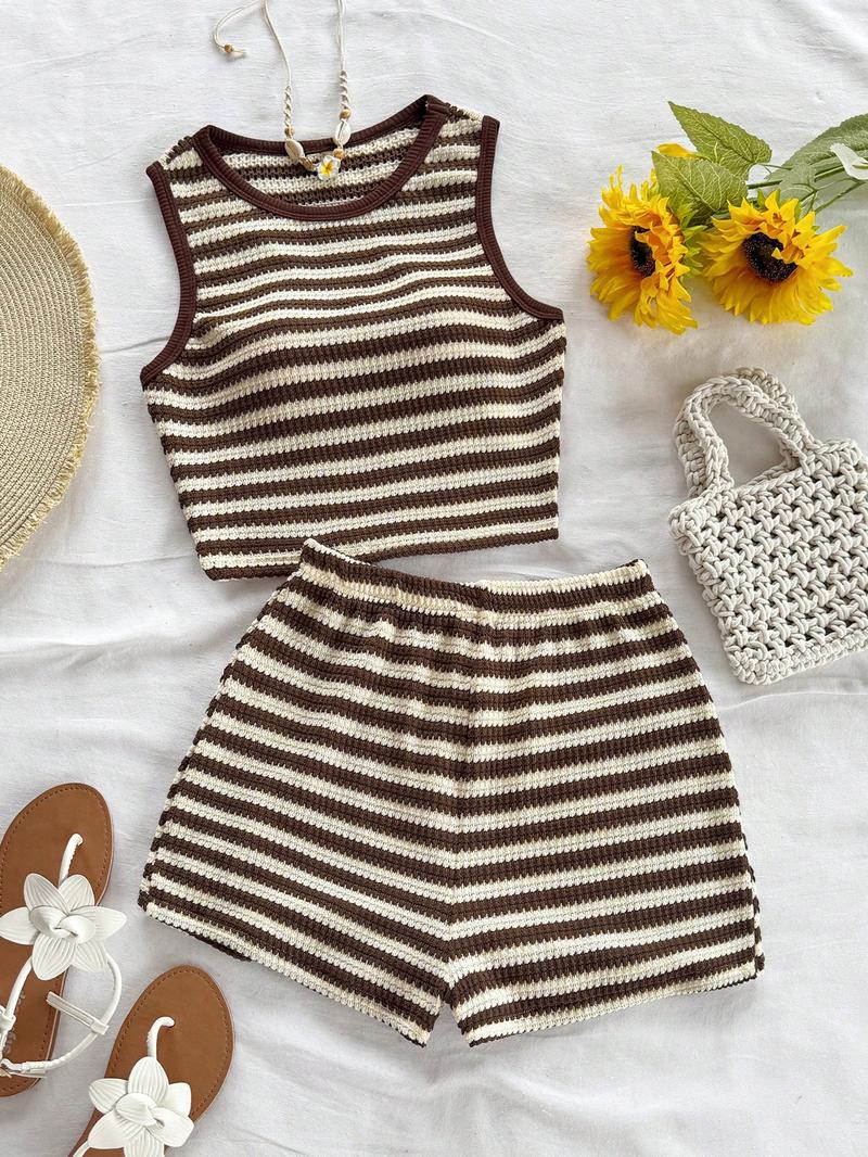 Women's Casual Knitted Striped Backless Short Sleeve Top with Elastic Waist Shorts, Perfect for Vacation Wear, 2 Piece Set