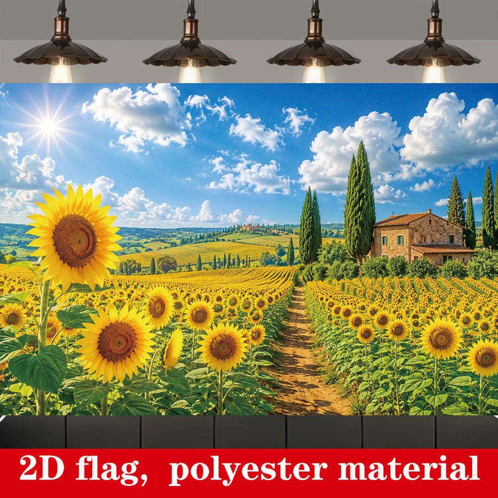 Tuscany Sunflower Field 2D Flat Banner | Rustic Countryside Landscape Backdrop | Single-Sided Polyester | Metal Grommets for Easy Hanging