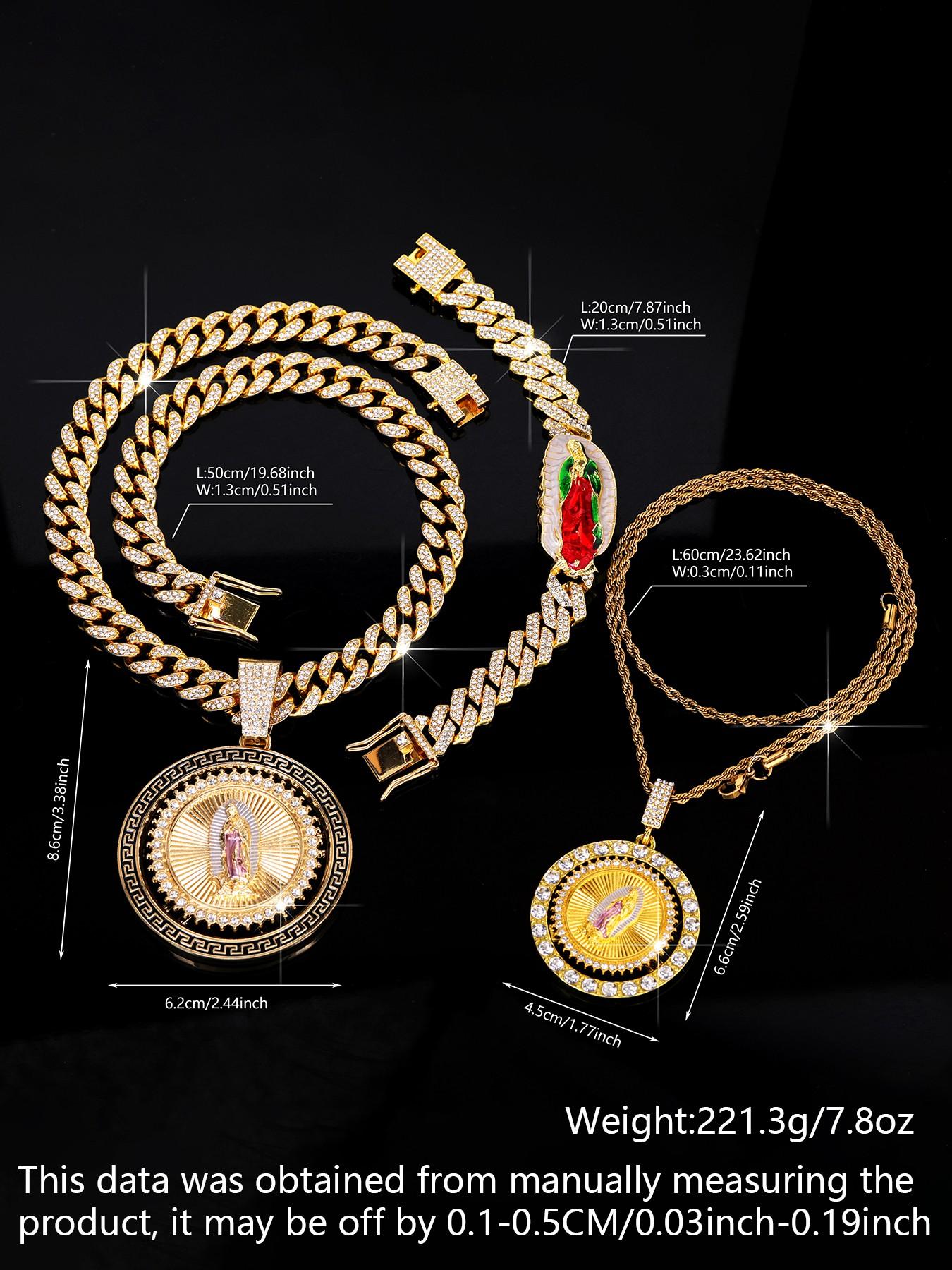 3pcs/set Men's Jewelry, Hip Hop Style Virgin Mary Pendant, Stacking Necklace & Bracelet Set, Iced Out Blingbling, Punk Style Accessory