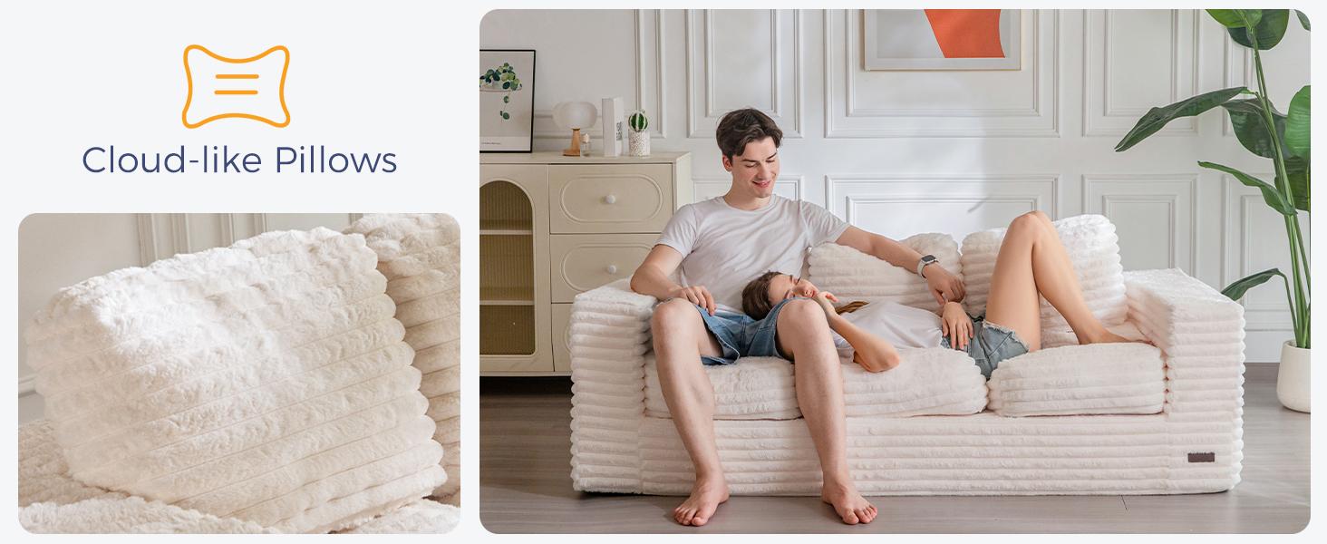 MAXYOYO 3-Seater Boneless Sofa Couch in a Box, Modern Faux Fur Sofa for Living Room, Soft High-Density Foam Couch with Pillows, Fluffy & Supportive Chair Lounge, No Assembly Required