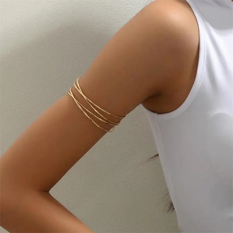 Gold-Tone Multilayer Cuff Bracelet for Women, Geometric Punk Style Minimalist Metal Jewelry for Party & Daily Wear, Female, Basic, Metal Coating, As Shown, Flowers