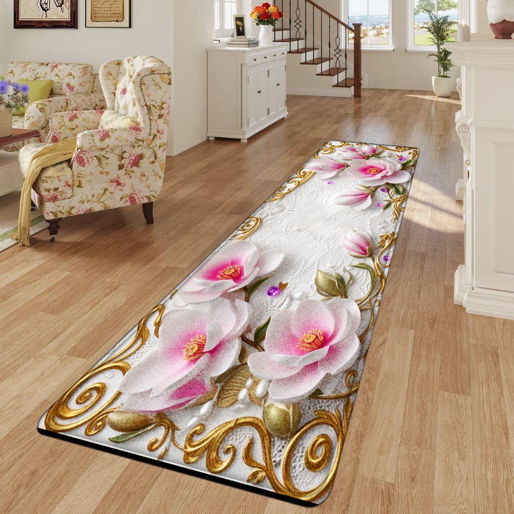 1PC， Pink and White Magnolia Flowers with Gold Ornaments Patterned strip rugs, home décor, bathroom mats, entryway mats, bathroom non-slip mats, indoor entrance rugs, bedroom bedside mats, kitchen mats, hallway rugs, flannel sponge rugs
