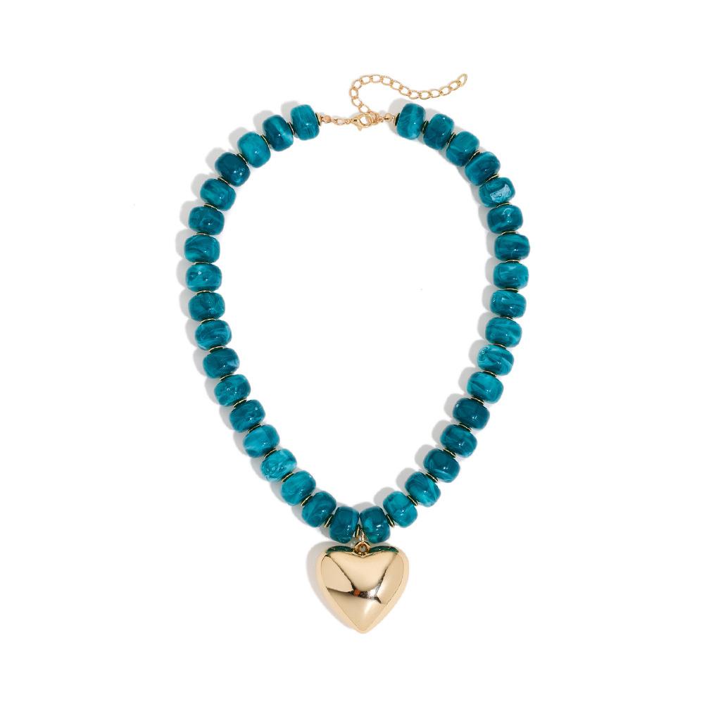 Women's Boho Natural Stone Beaded Choker Necklace - Gold-Plated Heart Pendant, Adjustable Bead Collar, Vintage Statement Jewelry for Daily, Party Use (5 Styles: Multicolor, Emerald Green, Teal, Cream, Lapis Lazuli)
