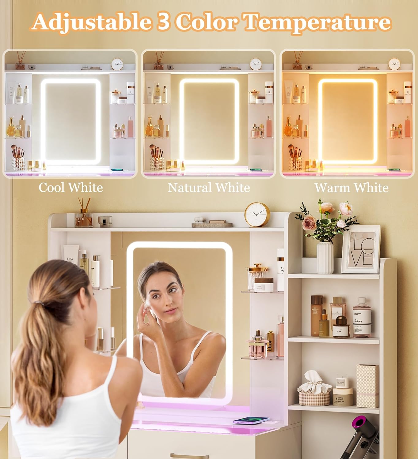 Vanity Desk with Mirror and LED Lights, 43" Makeup Vanity with Glass Top & Wireless Charging, Vanity with RGB Drawers, 3 Colors Light, Power Outlet Safety Switch for Bedroom, White Vanity Desk with Mirror and LED Lights, 43" Makeup Vanity with Glass Top & Wireless Charging, Vanity with RGB Drawers, 3 Colors Light, Power Outlet Safety Switch for Bedroom, White