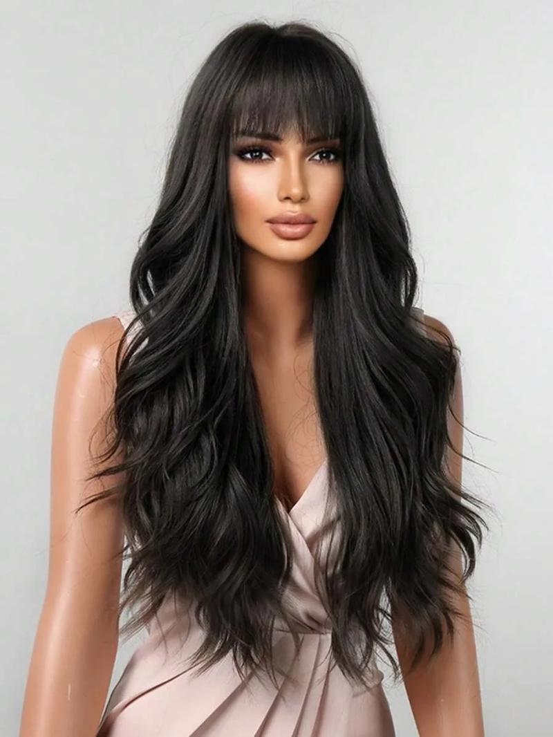 26 Inch Long Curly Wig with Bangs, Realistic Wave Style Synthetic Hair, Heat Resistant, Suitable for Girls Daily Wear and Party Decorations