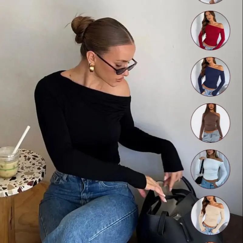 Autumn Winter New Women's Slimming Fit Off-Shoulder Top, Womenswear, Asymmetrical Neckline, Wrinkled Hem, Ruched, Elegant Long Sleeve T-Shirt, Casual One Shoulder Pullover