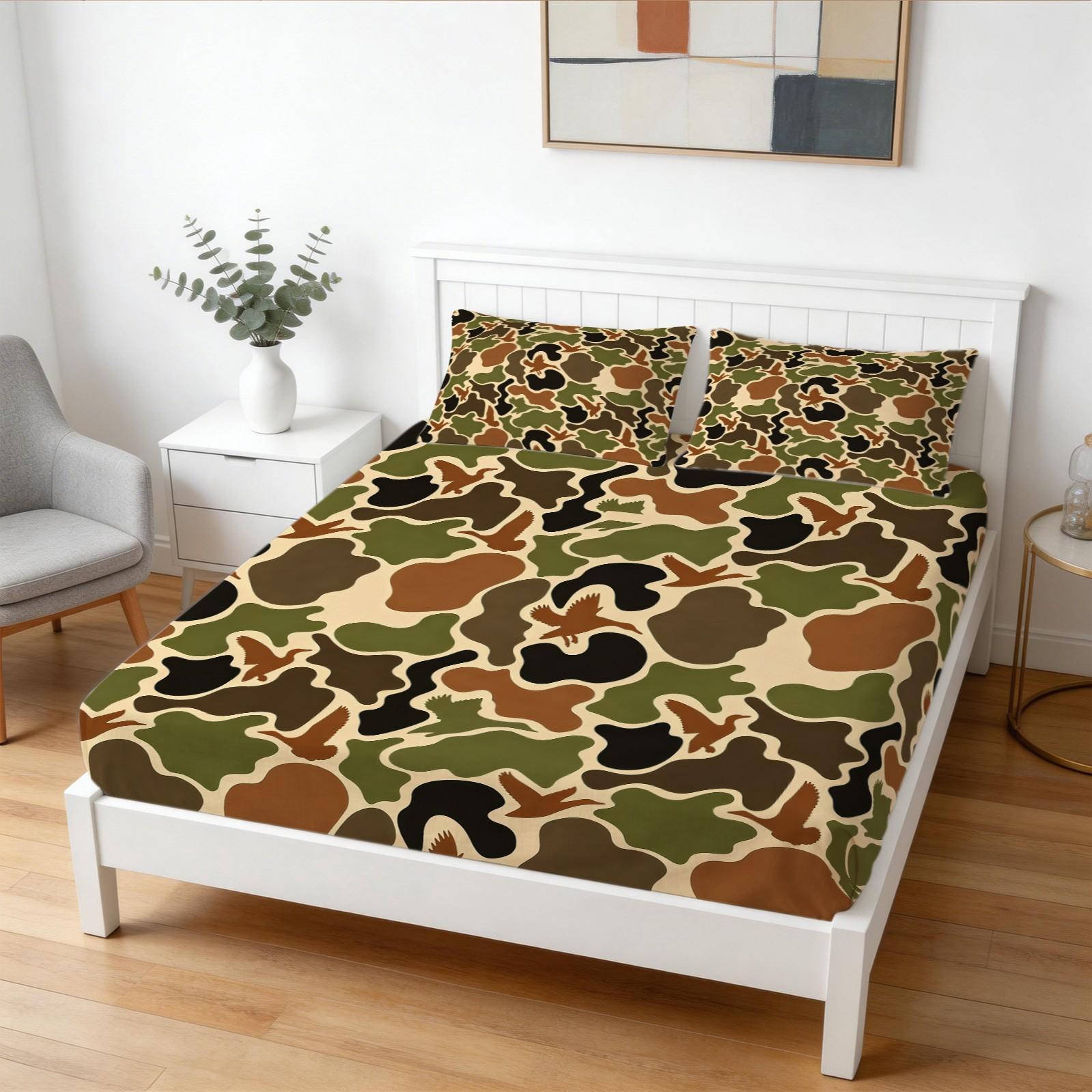 Camouflage Themed Bed Sheet, Soft And Comfortable Bedding Set (1 Bed Sheet+2 Pillowcases, No Pillow Core), Suitable For Teenagers And Adults, Bedroom, Dormitory, And Guest Room Scenes