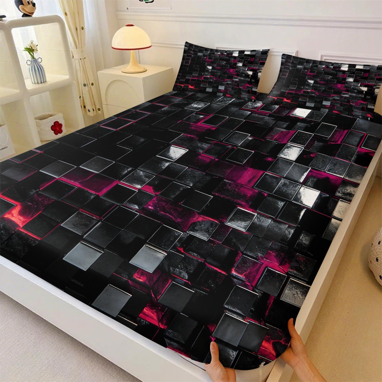 Deep Sea Neon Cube 3D Visual Fitted Sheet Set & 2 Pillowcases No Core, Blue Metallic or Glass Reflective Textures Square Matrix Blocks Design, Soft Wrinkle-Resistant, Futuristic Bedroom Decor, Gift Choice