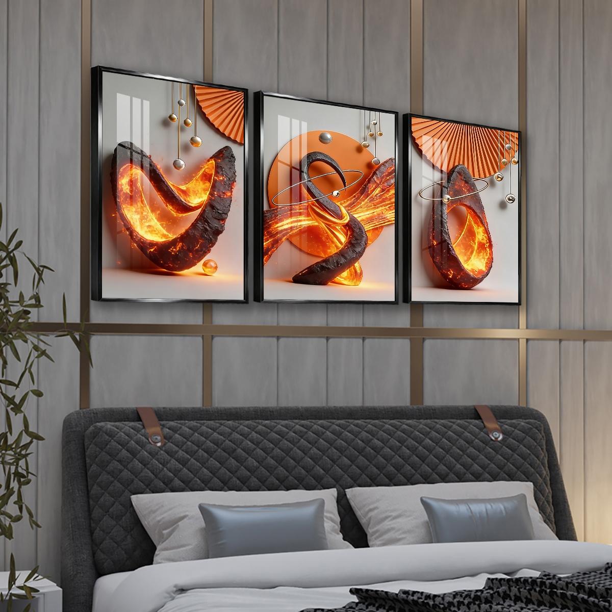 3 Counts Aluminum Alloy Framed Painting, Abstract Lava Flame Sculpture Pictures, Home Decoration For Living Room, Bedroom, Office, Restaurant, Hallway Wall Decor, Odorless Print Artwork, Luxury Perfect Gift For Friends And Family
