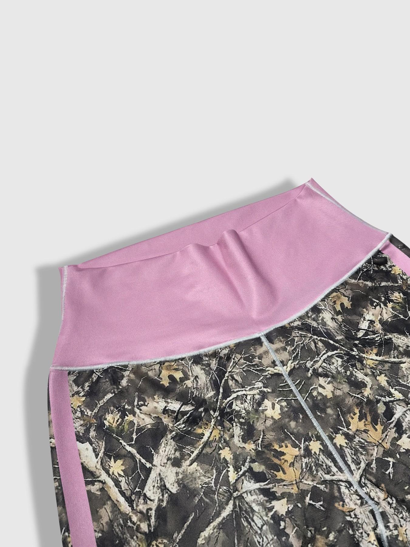 Women's Casual Sporty Yoga Pants, High Waisted Butt Lifting Tight Fit, Camo Maple Leaf Stripe Patchwork Sports Skinny Pants