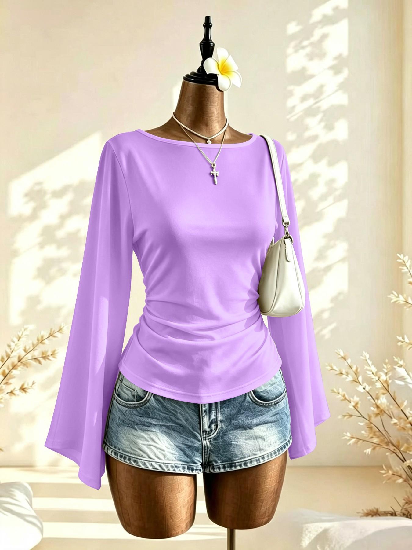 French Lazy Style Plain Color One-Shoulder Bell Sleeve Top, Side Pleat Waist Slimming Commuter Shirt, Choose 1/2 Pieces