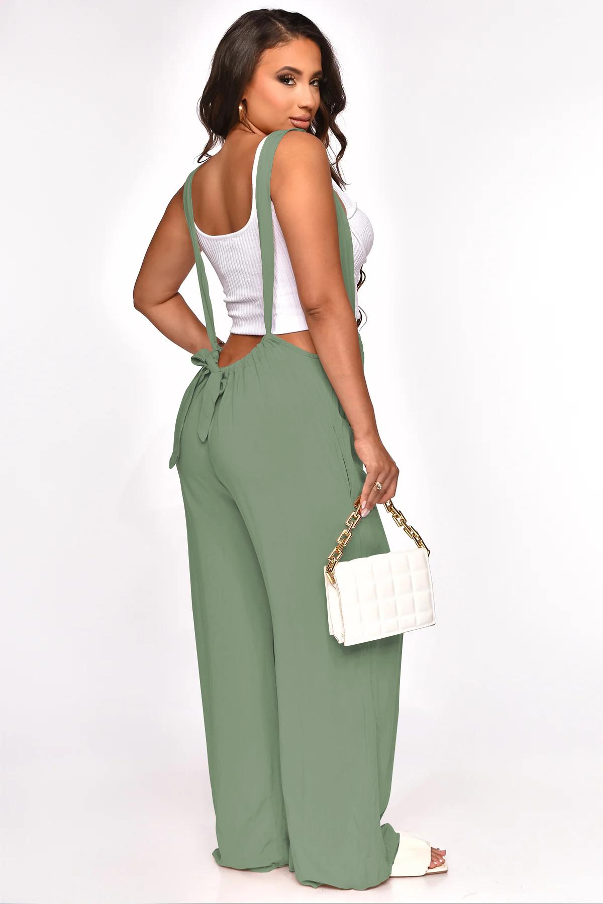 Women's Drawstring Tie Back Wide Leg Pocket Suspender Pants Casual Loose Fit Jumpsuit for Summer, Adjustable Design, Day Wear, Solid Color pants women linen pants