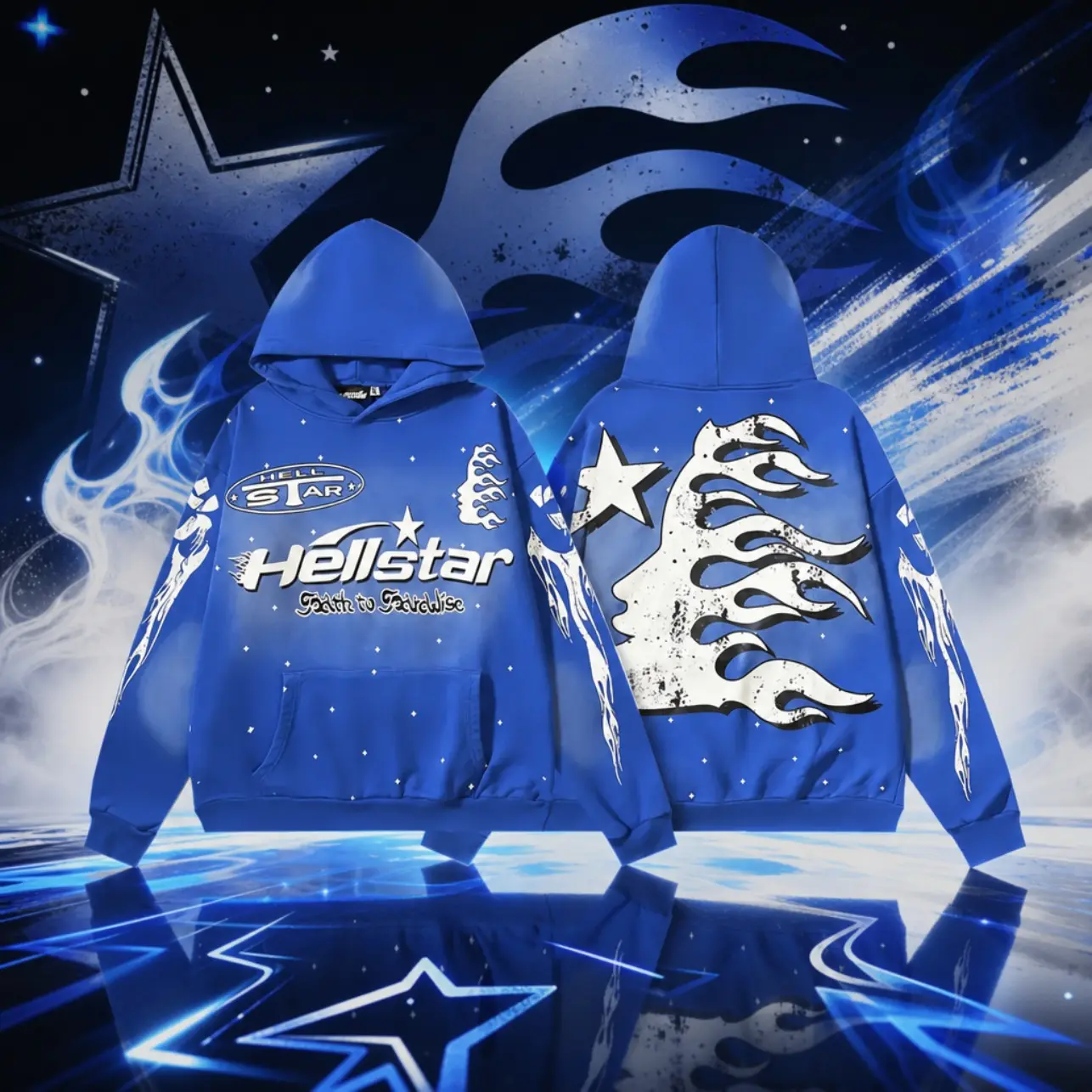 HELLSTAR Certified Professional Y2K Premium Washed Klein Blue Pullover Hoodie Paint Splatter Flaming Face Silhouette Star Graphic Front Back Sleeve Print Kangaroo Pocket Mens Standard Fit Hip Hop Grunge Streetwear Fall Winter Festival Concert Holiday Gift