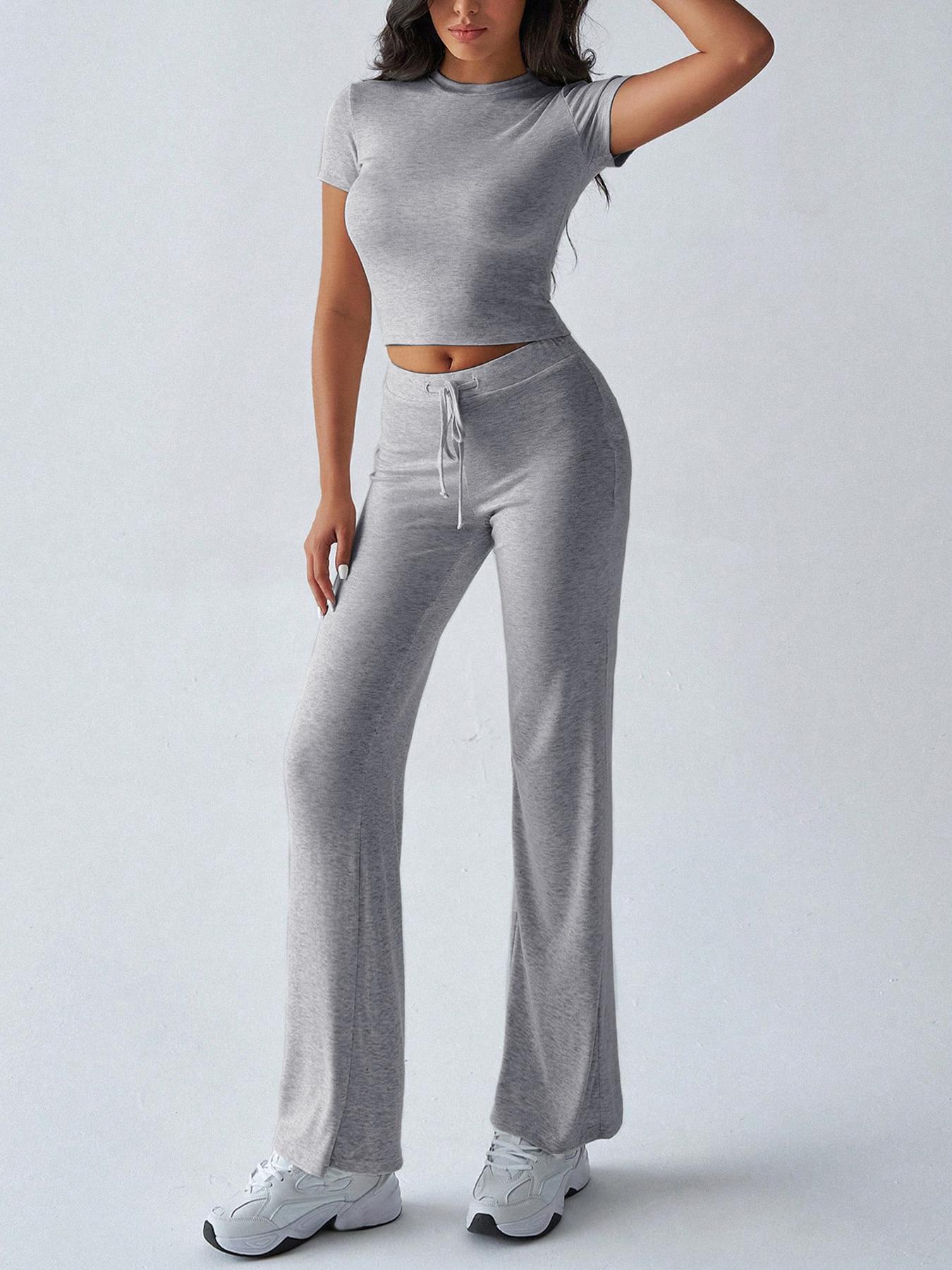 Women's Slim Fit Cropped T-Shirt & High-Waisted Flared Pants Sportswear Set, Casual Style, All Seasons Wear, Perfect for Daily, Athleisure Wear Set
