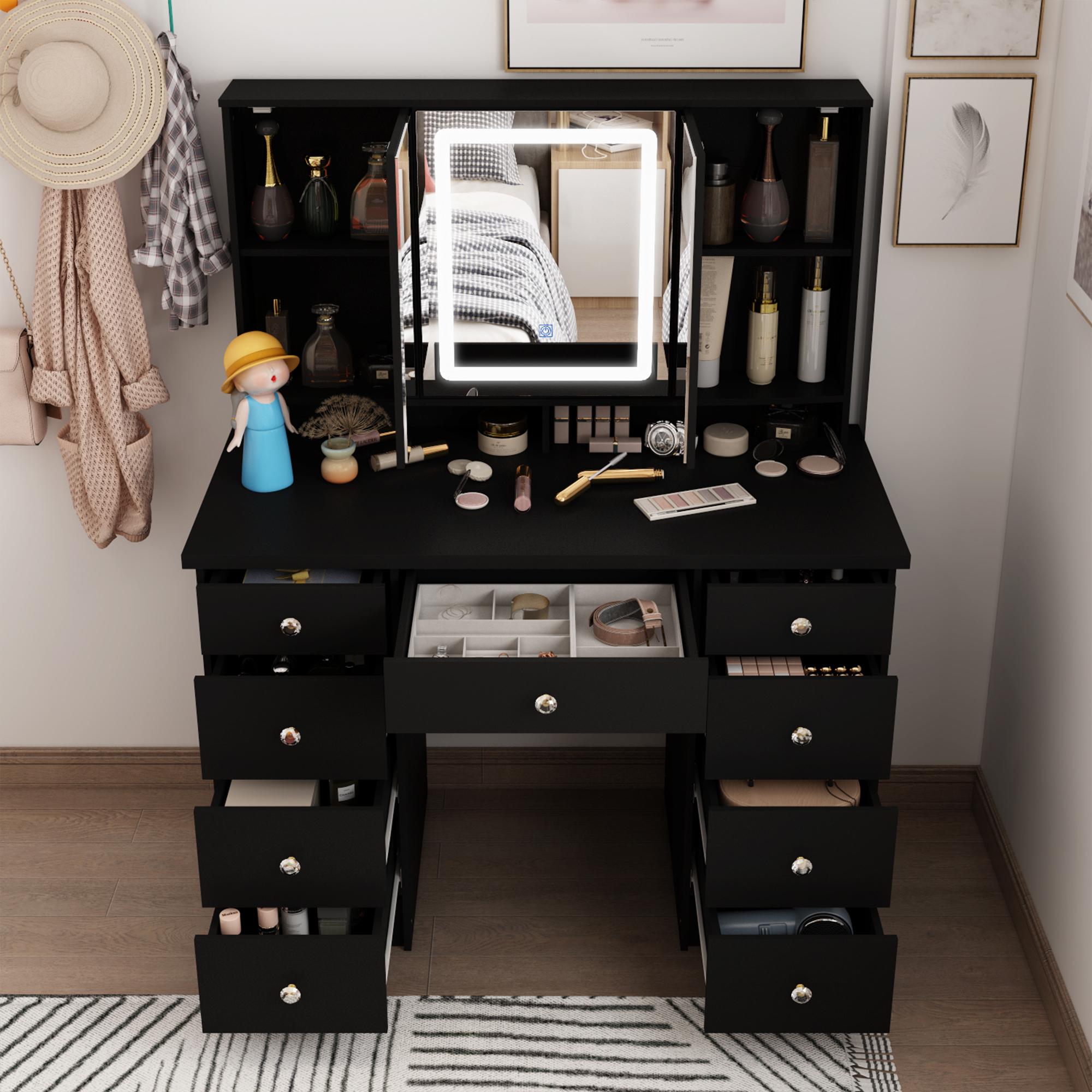 FUFUGAGA-43.3"W Vanity Desk With 9 Drawers, Makeup Desk With 3-Mirror And Touch Screen Light, Dressing Makeup Table For Bedroom