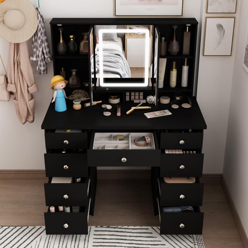 FUFUGAGA-43.3"W Vanity Desk With 9 Drawers, Makeup Desk With 3-Mirror And Touch Screen Light, Dressing Makeup Table For Bedroom