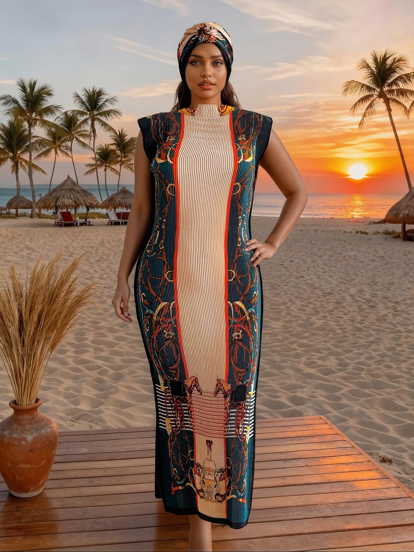 Women's Elegant Animal Print Long Dress Set, Slim-Fitting Moo Moo Skirt & Scarf, Beach Sun Protection Shawl, All Seasons Fashion