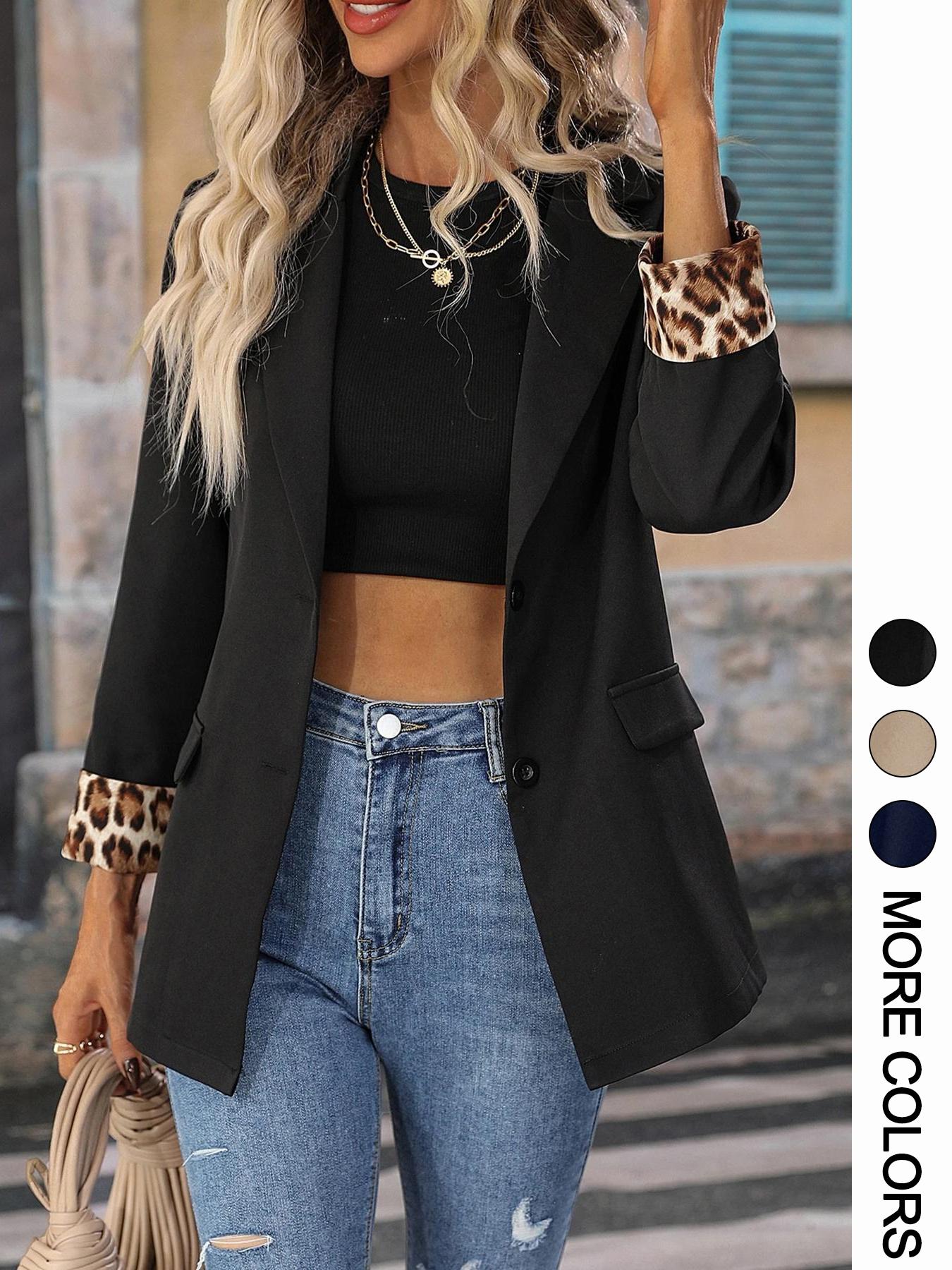 Classic Solid Color Leopard Print Patchwork Button Casual Blazer with Shoulder Pads, Business Attire for Spring & Fall, Fitted Style Outerwear