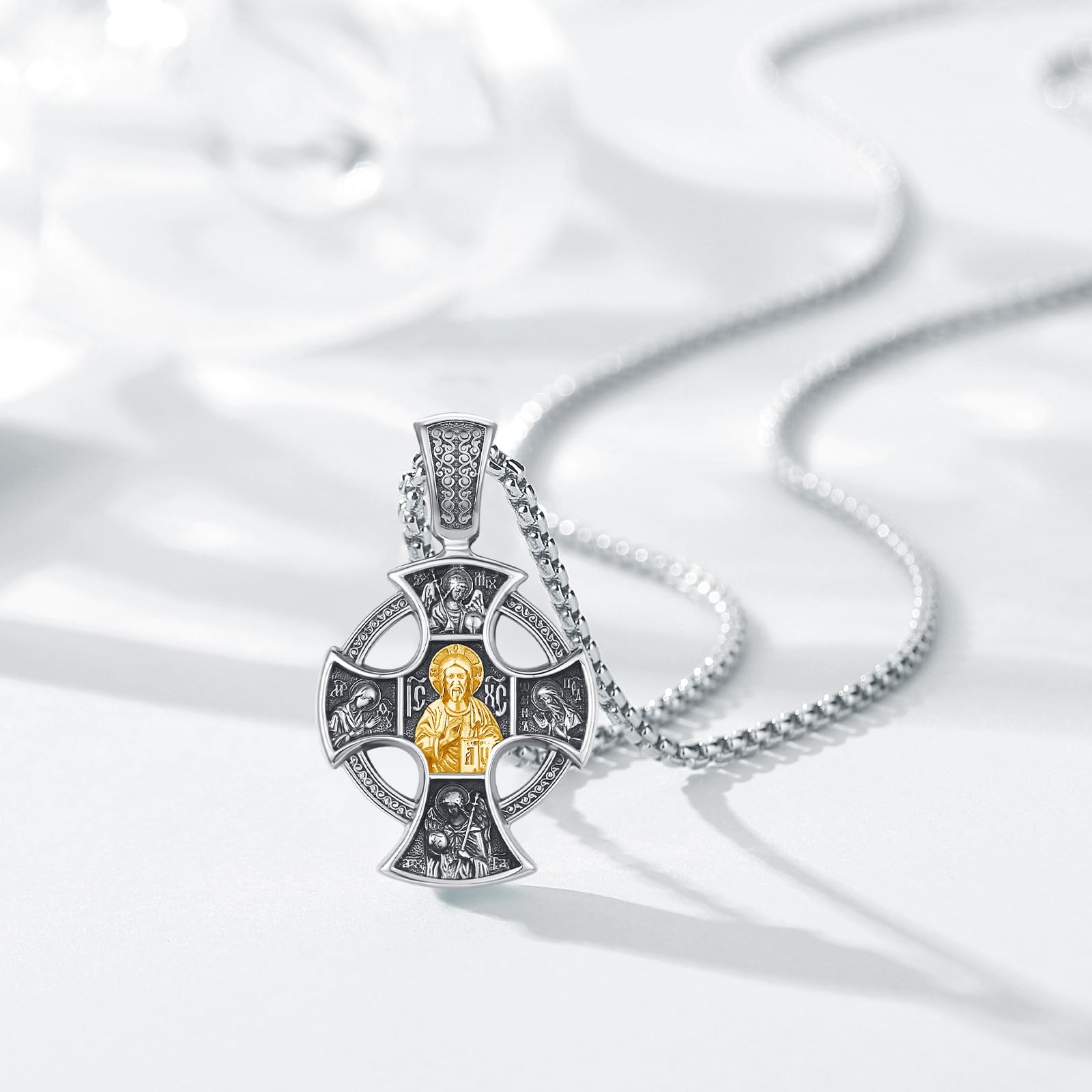 DRINSPER Orthodox Necklace 925 Sterling Silver Jewelry Four Way Cross Necklace Golden Saint Patron Protection Jewelry for Men Women