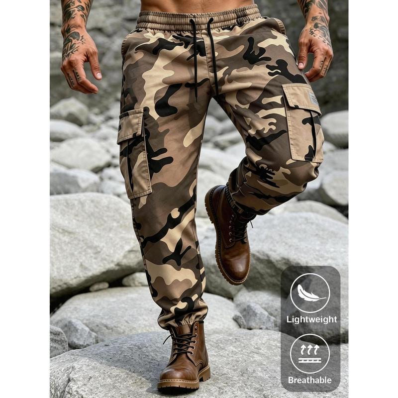 Men's Work Pants Retro Street Trend Camouflage Ankle Pants, Multi Pocket Elastic Waistband and Drawstring Closure Men's Sports Pants, Suitable for Outdoor Dates, Hiking and Commuting Wear