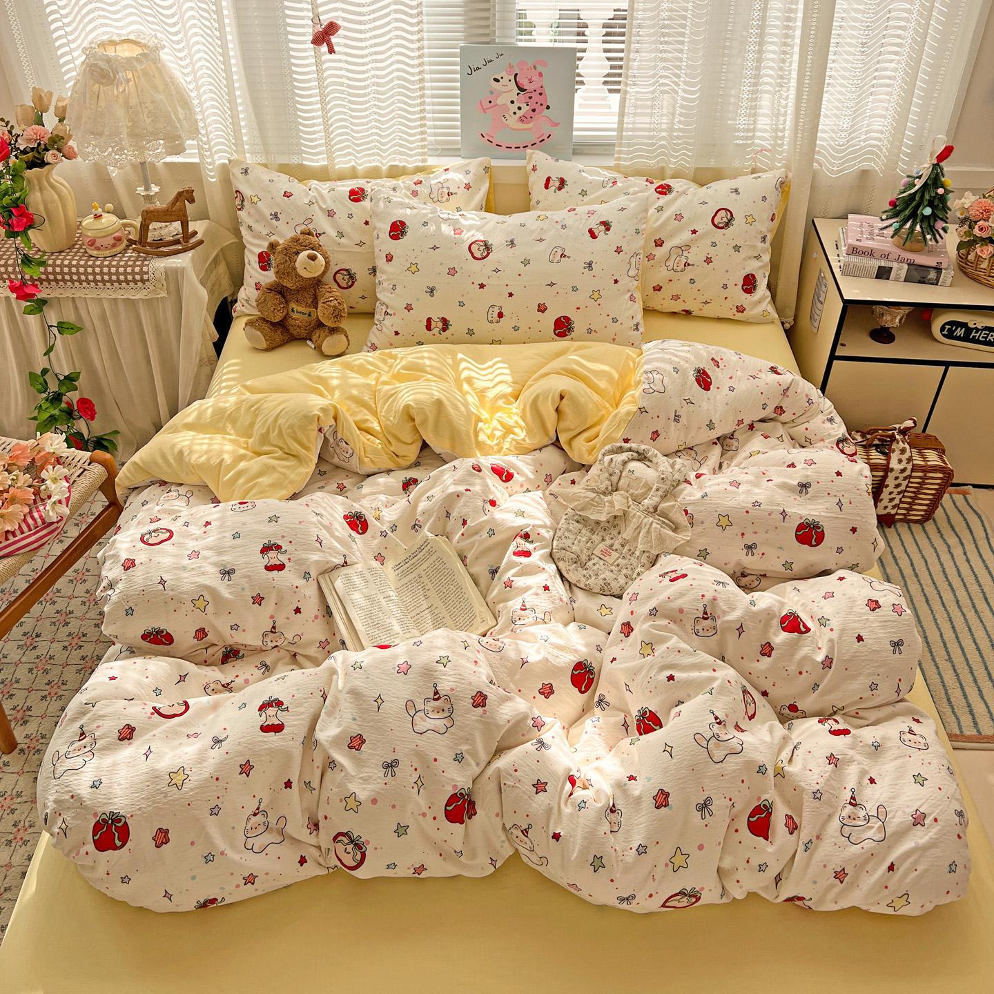 4pcs Double Layer Soft Bedding Set, Cartoon Sheet Set, Single Person Three-Piece, Suitable for Bedroom, Guest Room, Dormitory