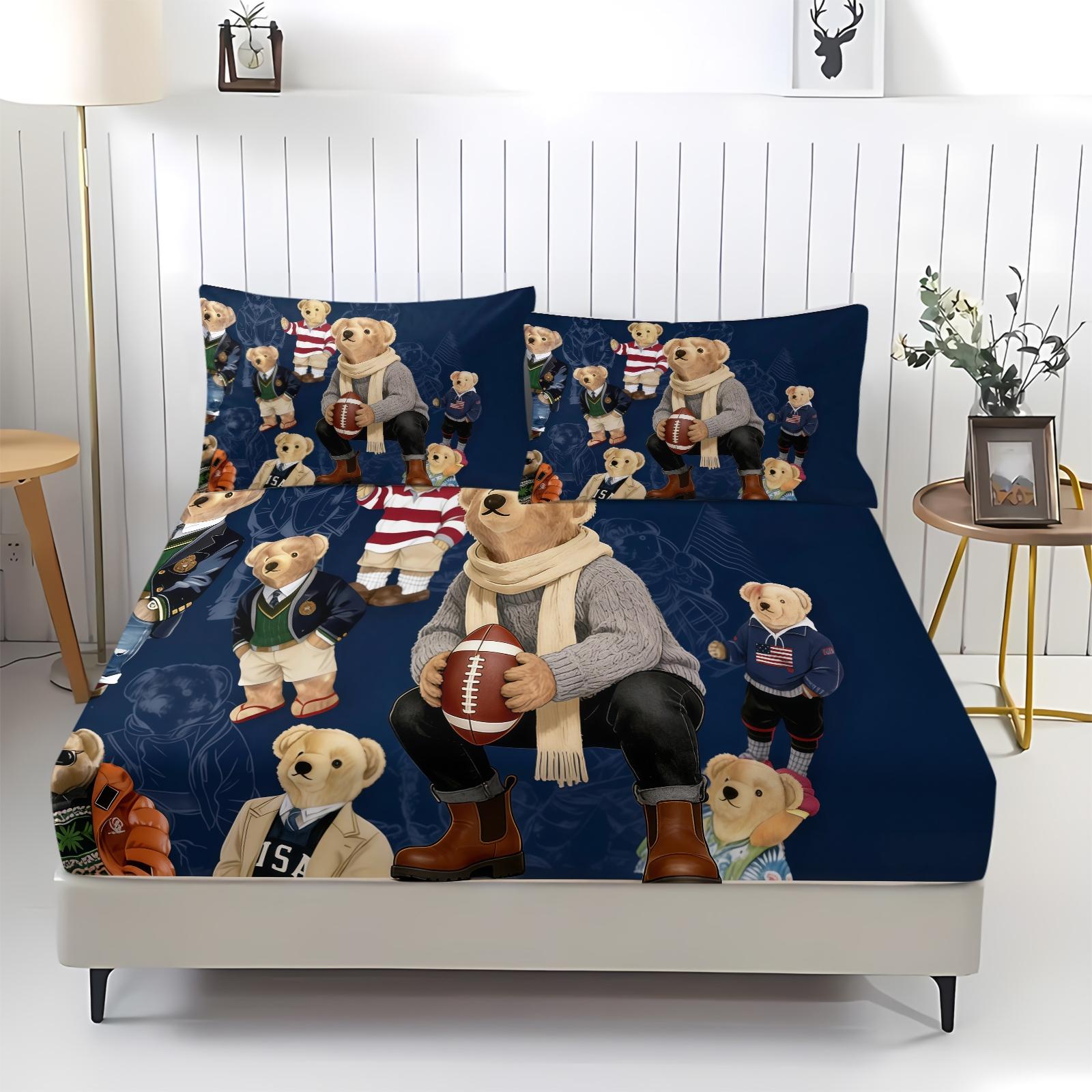 3-Piece Polo Bear Pattern Fitted Sheet Set, Soft And Durable Bedding Set Includes 1 Flat Sheet And 2 Pillowcases, Daily Holiday Birthday Gift Bedroom Decorations For Kids And Adults
