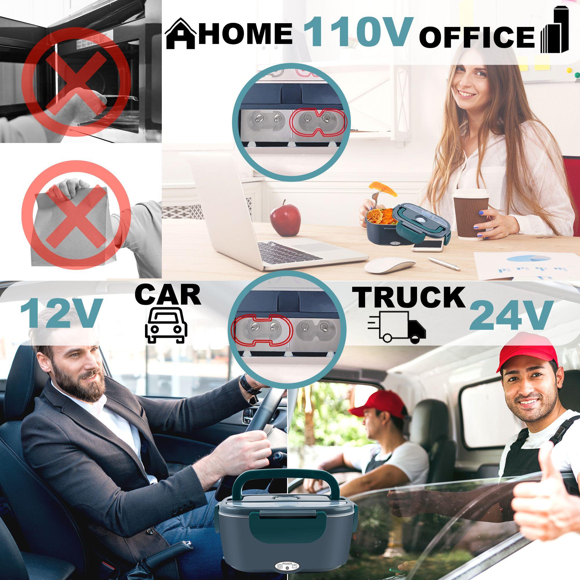 Black Friday Electric Lunch Box 1.5L/1.8L Stainless Steel 12V 24V 110V Food Warmer with Fork Spoon Bag Leak Proof for Car Truck Home Work 80W Black