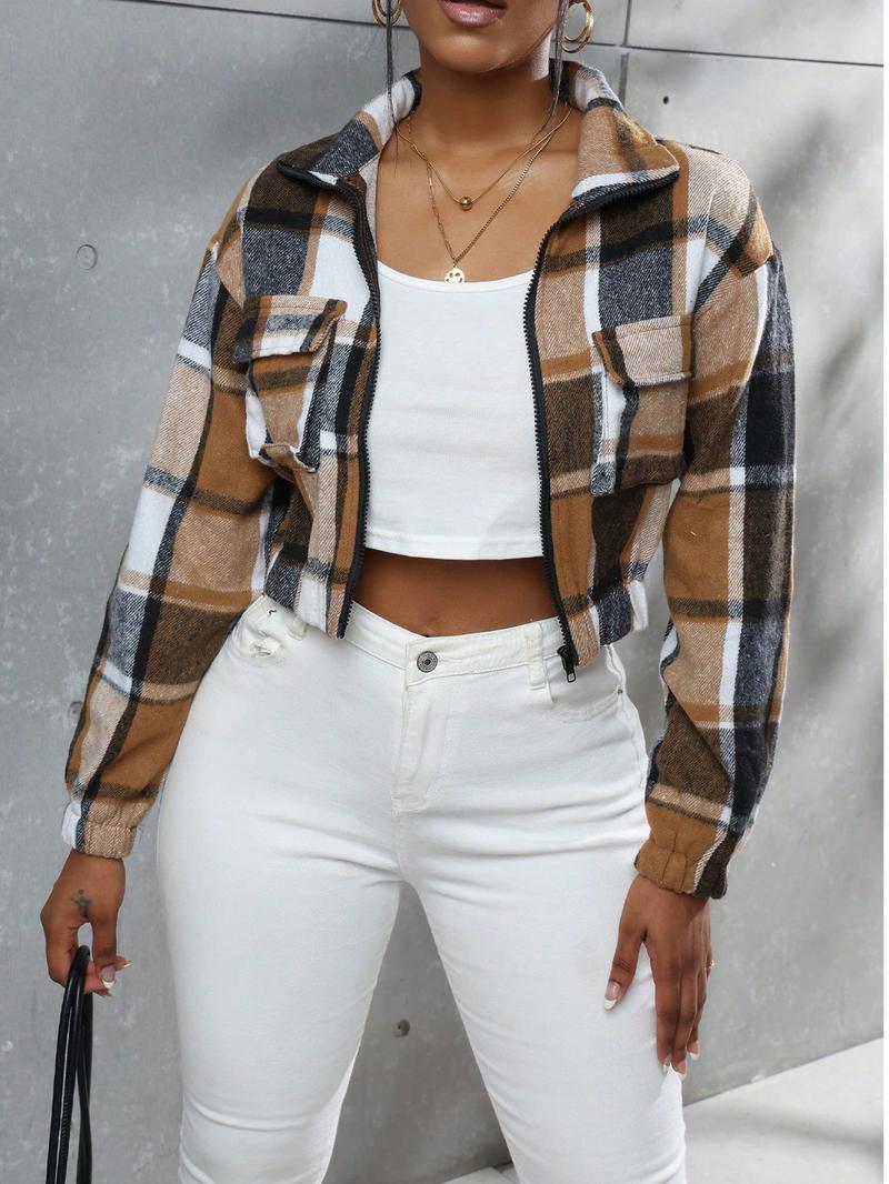 Women's Fall Winter Plaid Button-Front Pocket Jacket, Casual Fitted Long Sleeve Woven Outerwear