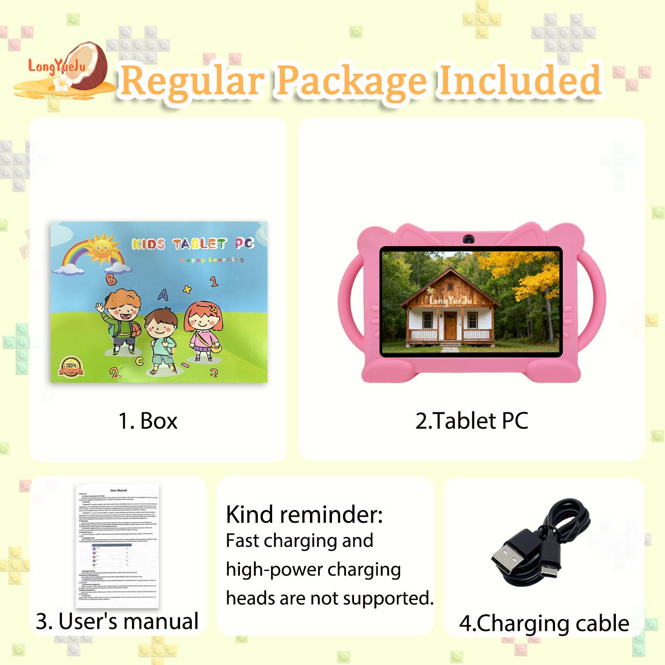 Interesting Smart Android Tablet, Android 12 for daily learning use, dual camera recording of life, parental control, anti fall and anti-collision, multiple applications, fast running, suitable for children and teenagers, no adapter, blue/pink