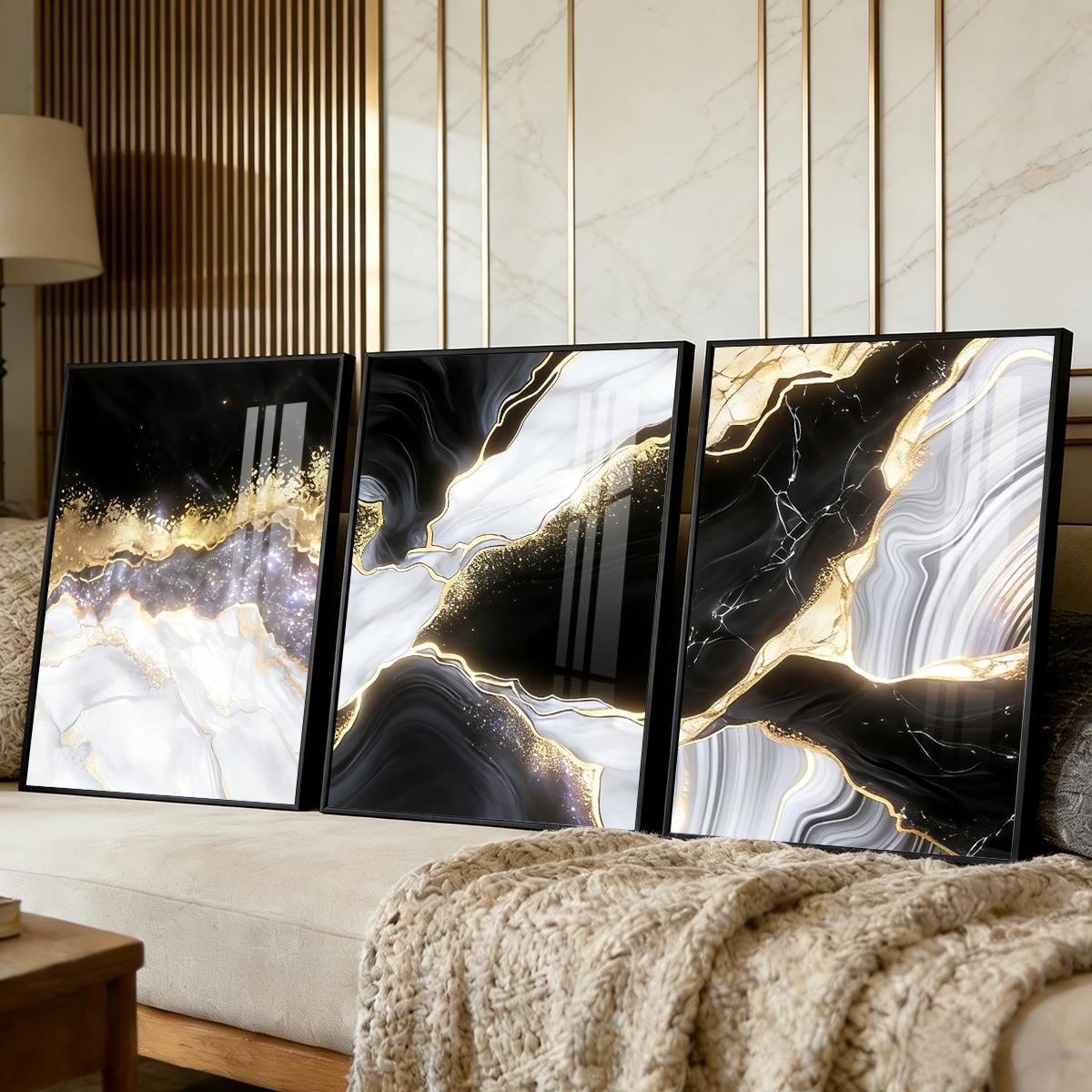 3 Counts Aluminum Alloy Framed Painting, Black White Gold Abstract Marble Art Pictures, Home Decoration For Living Room, Bedroom, Office, Restaurant, Hallway Wall Decor, Odorless Print Artwork, Luxury Perfect Gift For Friends And Family