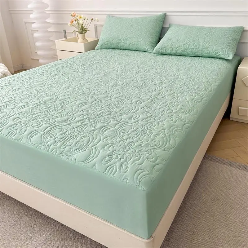 (FREE 2 PILLOW CASES INCLUDED) Waterproof Quilted Bed Sheet Set Twin King Size Mattress Protector Cover Fitted Sheet  Light Green Dark Teal Green Soft Bedding,Bedding Supplies for Bedroom& Hotel & Dormitory, Room Accessories, Comfy Bed Sets