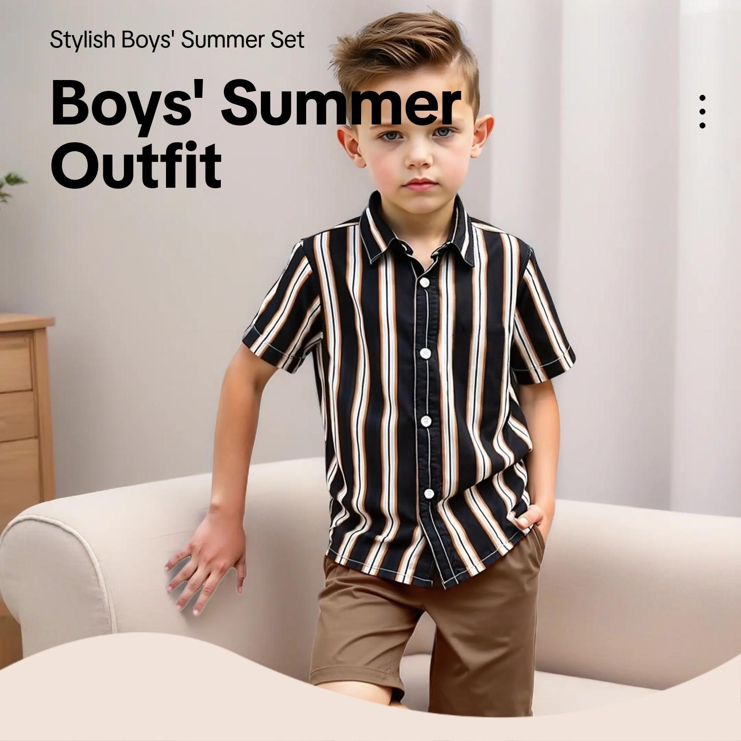 Boys' Summer Set, Striped Sets, Striped Shirt & Solid Color Shorts, Casual Wear for Vacation & Outdoor Activities, Ages 4-7
