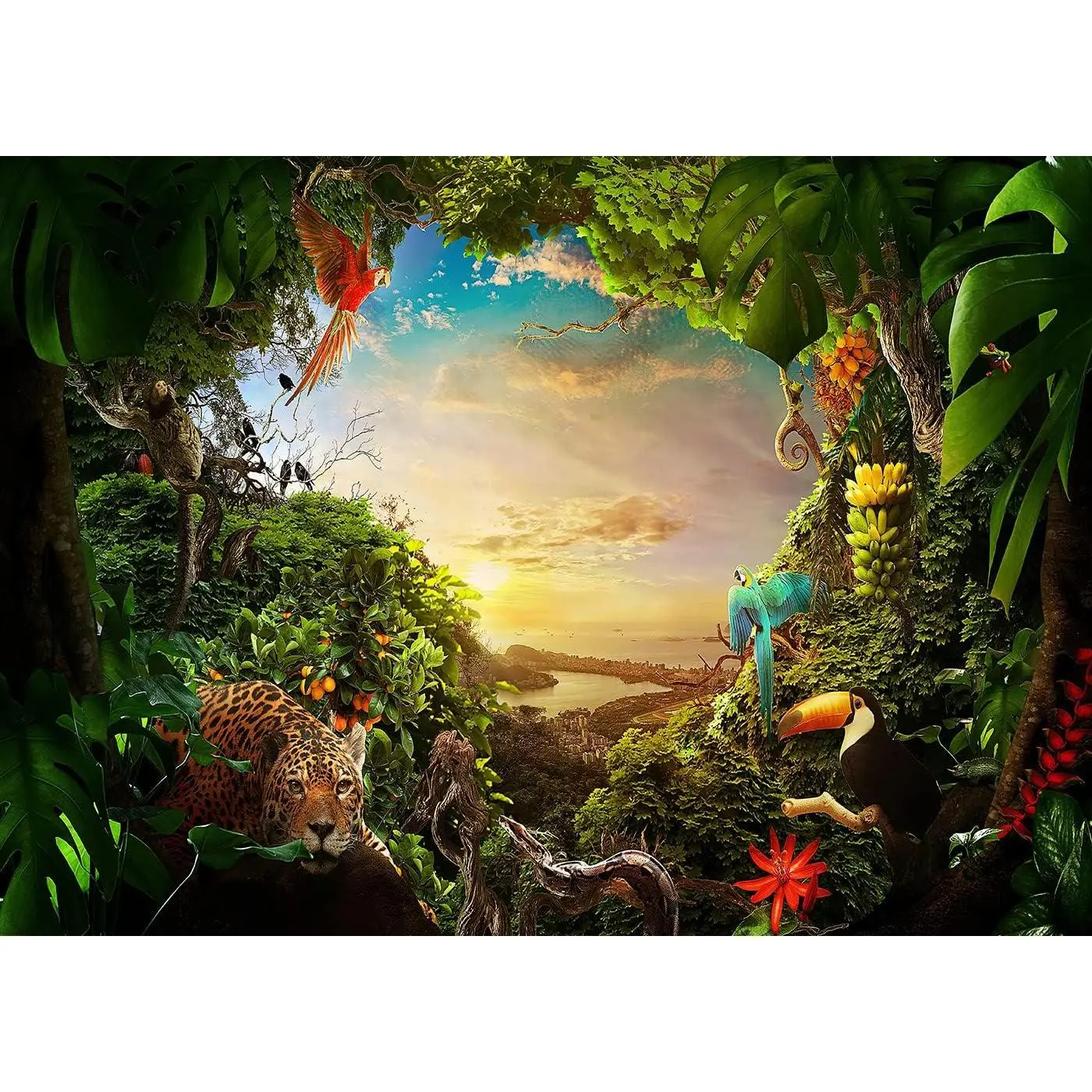 7x5FT Polyester Jungle Safari Backdrop - 2D Flat Jungle Scene, Kids Events Party Decor, Rainforest Animal Photography Background for Studio Photo Shoot Baby Shower Booth Props (CEM330B, Multi-Size Option)