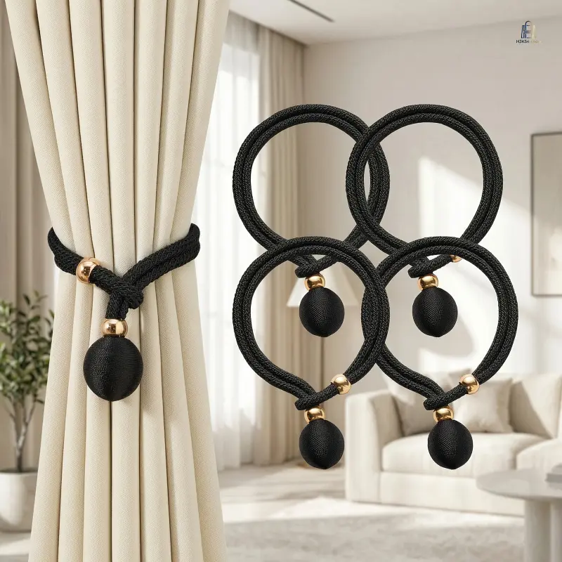 4-Pcs Adjustable Decorative Ball Curtain Tiebacks Set - Stainless Steel No-Drill Easy-Install Straps, Curtain Holder for Bedroom Living Room Boho Home Decor