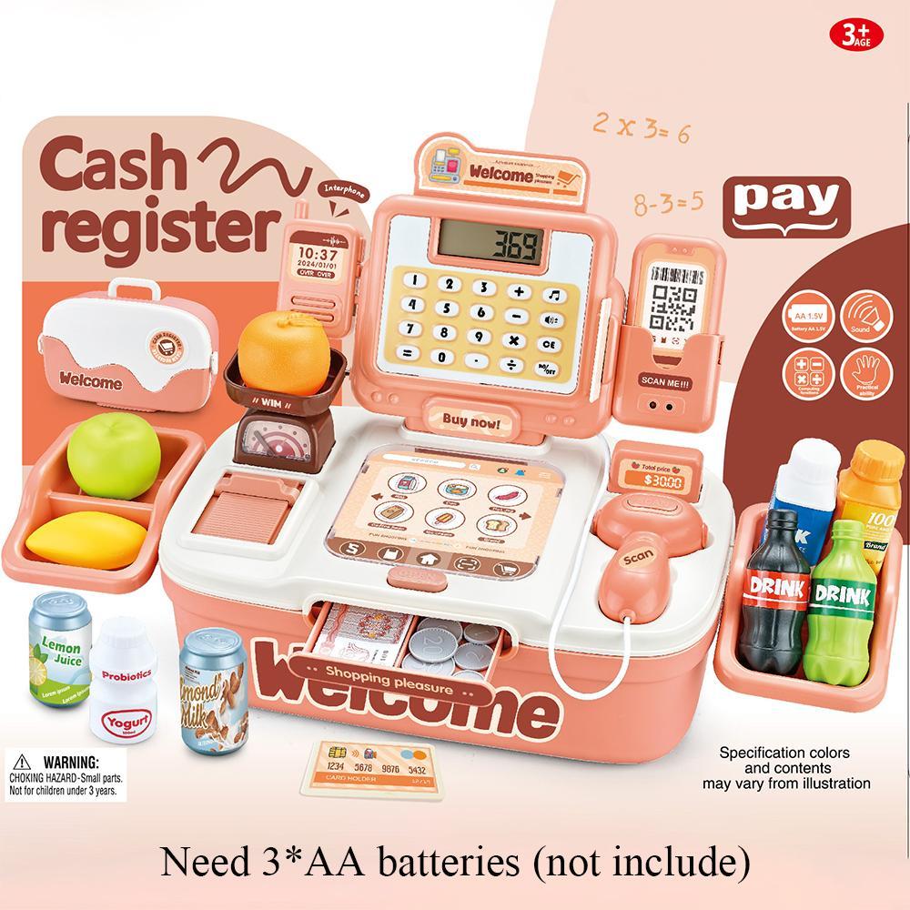 Simulation Cash Register Toy, Supermarket Cash Register Toy with Scanner & Coin & Bank Card & Food, Pretend Play Toy for Kids